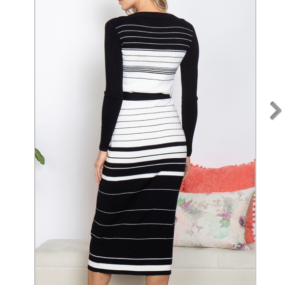 Black and Ivory Striped Snap Front Midi Sweater Dress - Picture 2 of 6